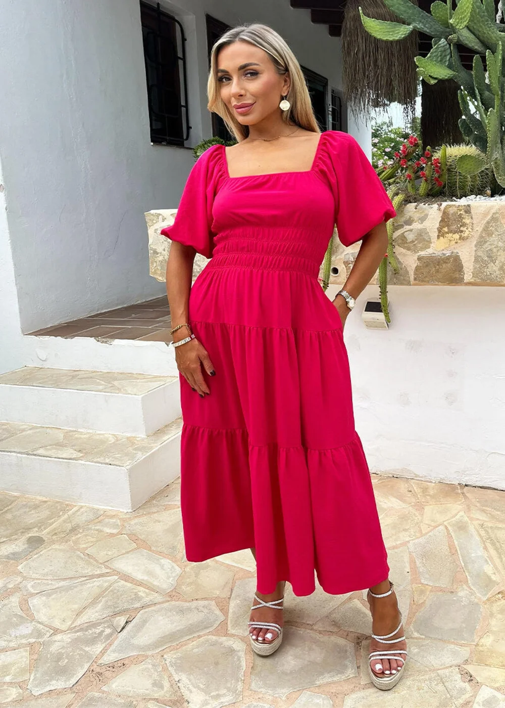 AX Paris Magenta Puff Sleeve Shirred Waist Smock Midi Dress - 8 Image 3