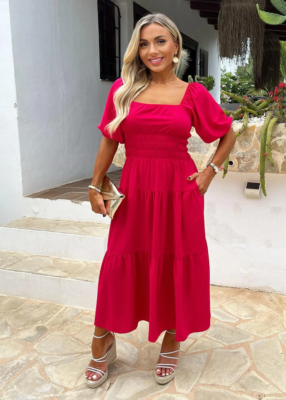 AX Paris Magenta Puff Sleeve Shirred Waist Smock Midi Dress - 8 Image 1