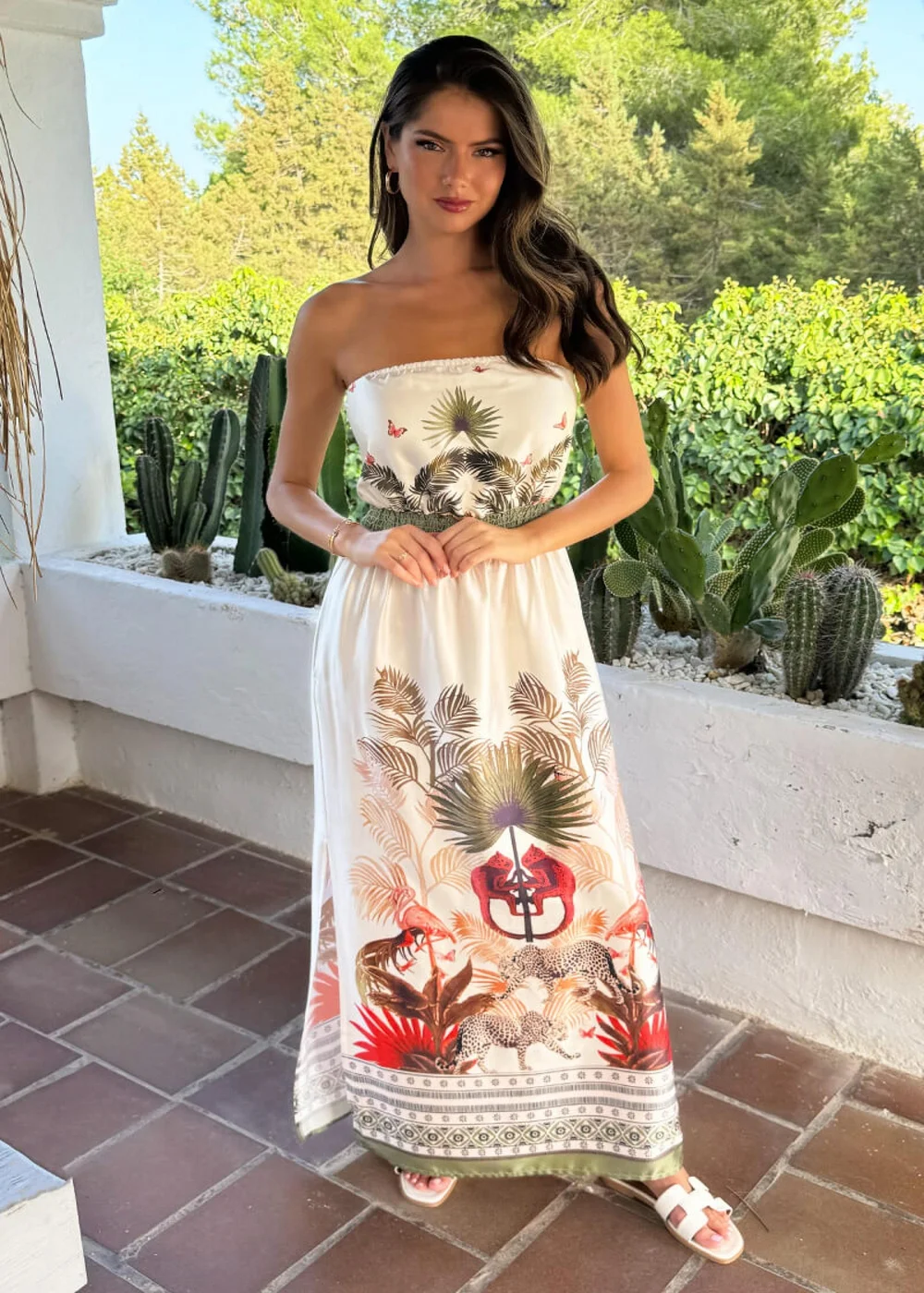 AX Paris Cream Safari Print Strapless Shirred Waist Side Split Midi Dress - 8 Image 3