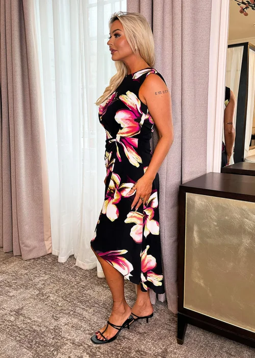 AX Paris Black Floral Print Gathered Midi Dress With Shoulder Pads - 8 Image 4