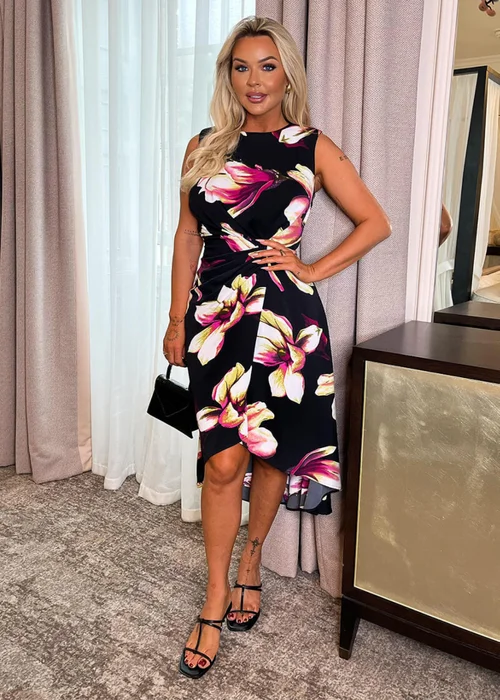 AX Paris Black Floral Print Gathered Midi Dress With Shoulder Pads - 8 Image 3