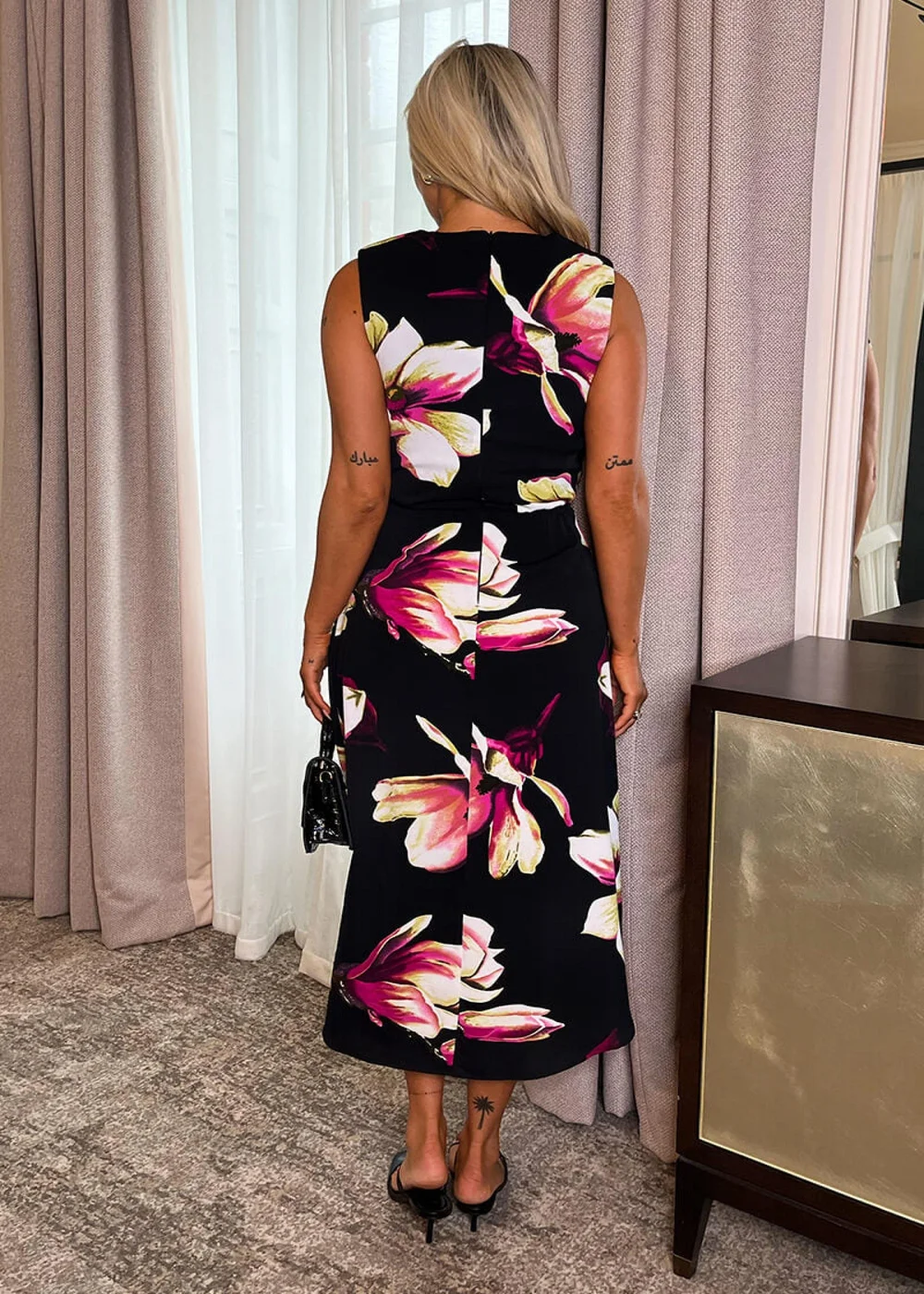 AX Paris Black Floral Print Gathered Midi Dress With Shoulder Pads - 8 Image 5
