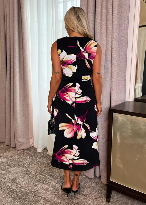 AX Paris Black Floral Print Gathered Midi Dress With Shoulder Pads - 8 Image 5
