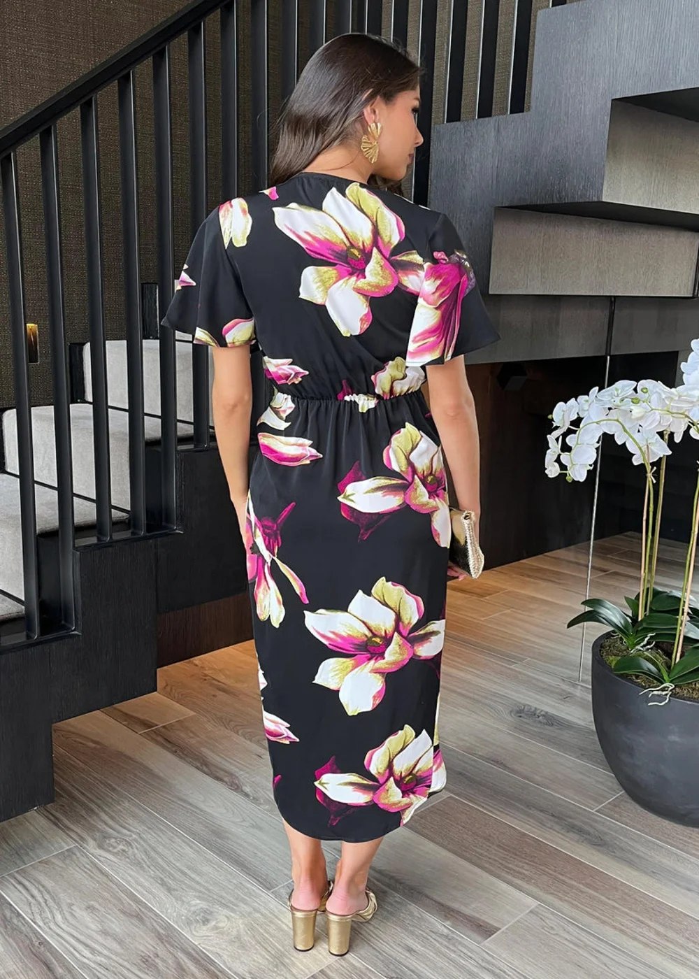 AX Paris Black Floral Print Short Sleeve Ring Detail Wrap Midi Dress - 8 Image 5