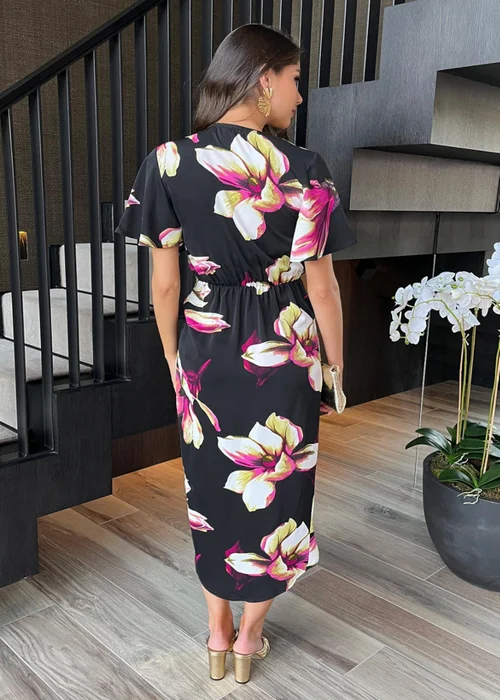AX Paris Black Floral Print Short Sleeve Ring Detail Wrap Midi Dress - 8 Image 5