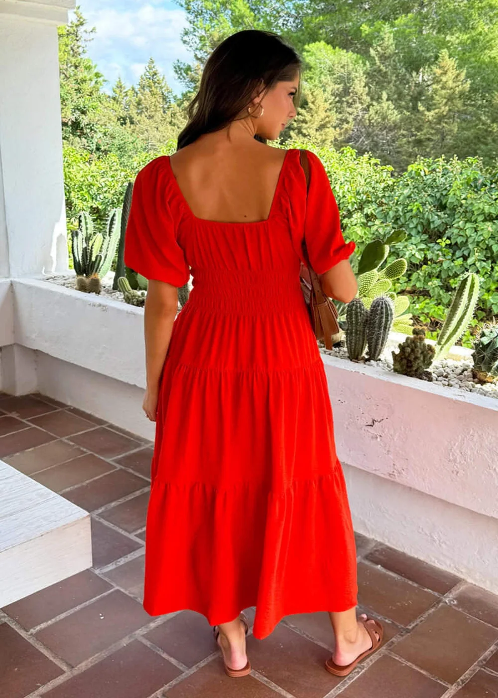 AX Paris Orange Puff Sleeve Shirred Waist Smock Midi Dress - 8 Image 4