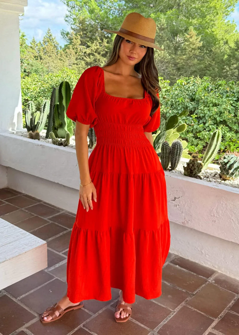 AX Paris Orange Puff Sleeve Shirred Waist Smock Midi Dress - 8 Image 2