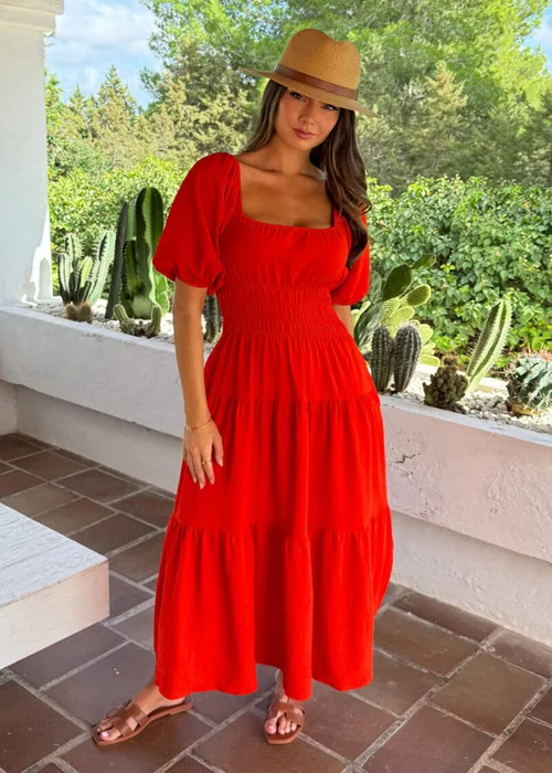 AX Paris Orange Puff Sleeve Shirred Waist Smock Midi Dress - 8 Image 2