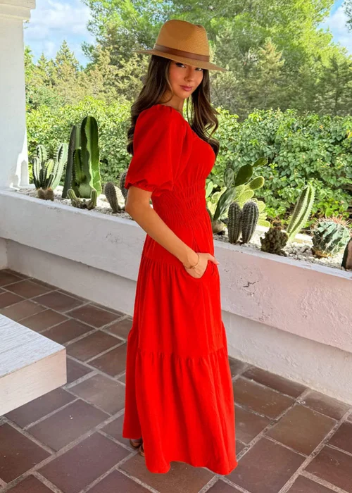 AX Paris Orange Puff Sleeve Shirred Waist Smock Midi Dress - 8 Image 3