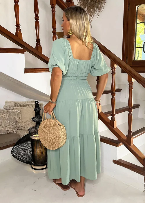 AX Paris Duck Egg Puff Sleeve Shirred Waist Smock Midi Dress - 8 Image 5