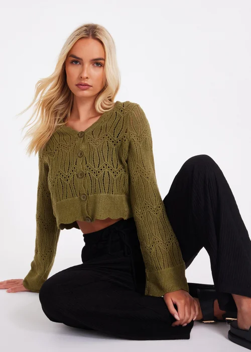 Quiz Khaki Knit Cropped Cardigan - S Image 1