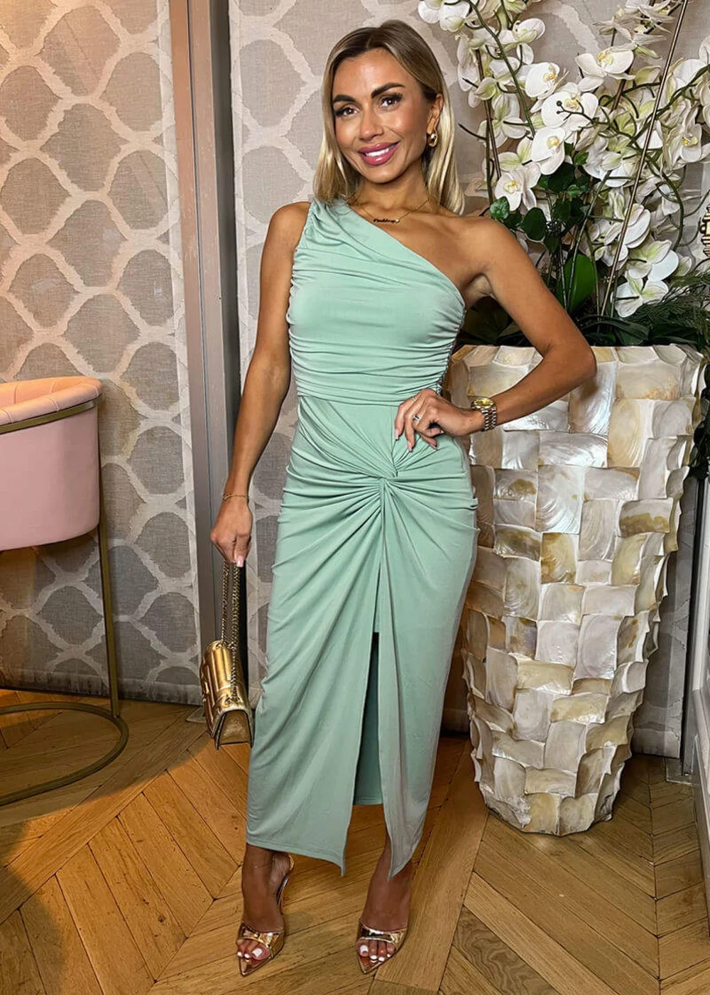AX Paris Grey Duck Egg One Shoulder Knot Skirt Midi Dress - 6 Image 2