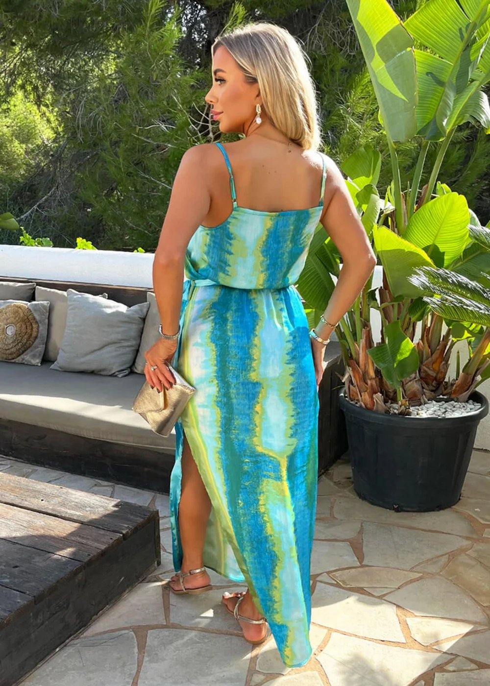 AX Paris Blue Smudge Stripe Print Tie Waist Strappy Midi Dress - 8 Image 5