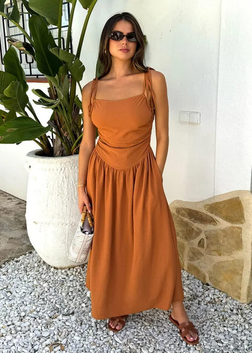 AX Paris Brown Drawstring Tie Straps Ruched Top Midi Dress - 8 Image 1