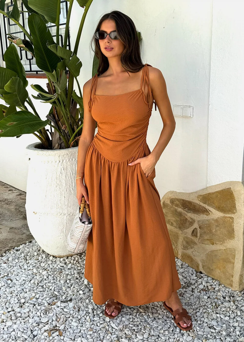 AX Paris Brown Drawstring Tie Straps Ruched Top Midi Dress - 8 Image 2