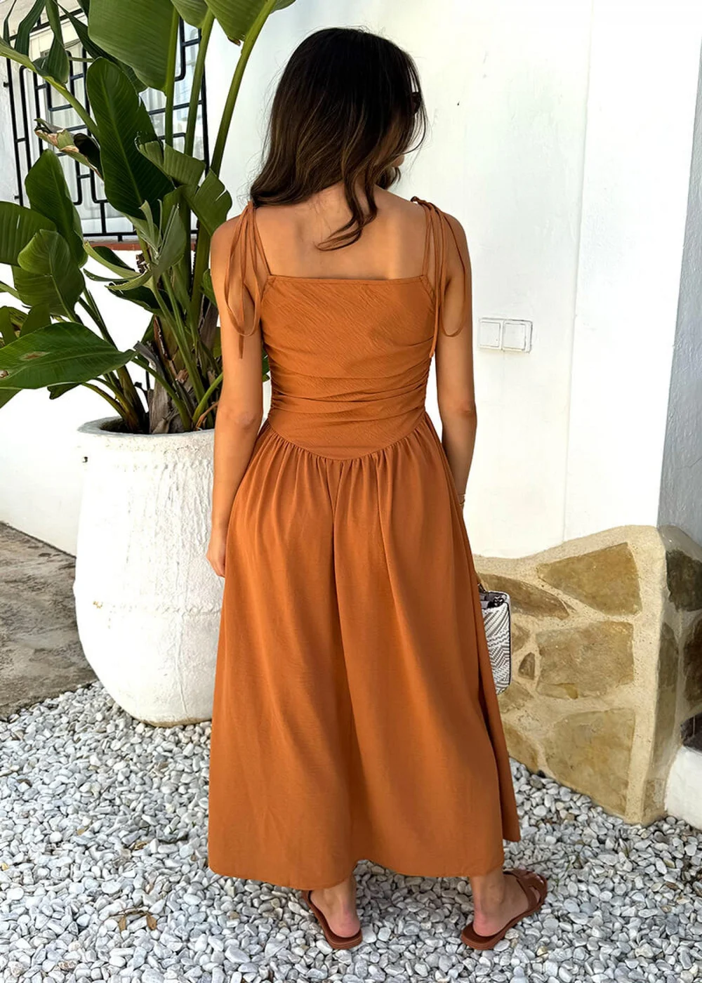 AX Paris Brown Drawstring Tie Straps Ruched Top Midi Dress - 8 Image 5