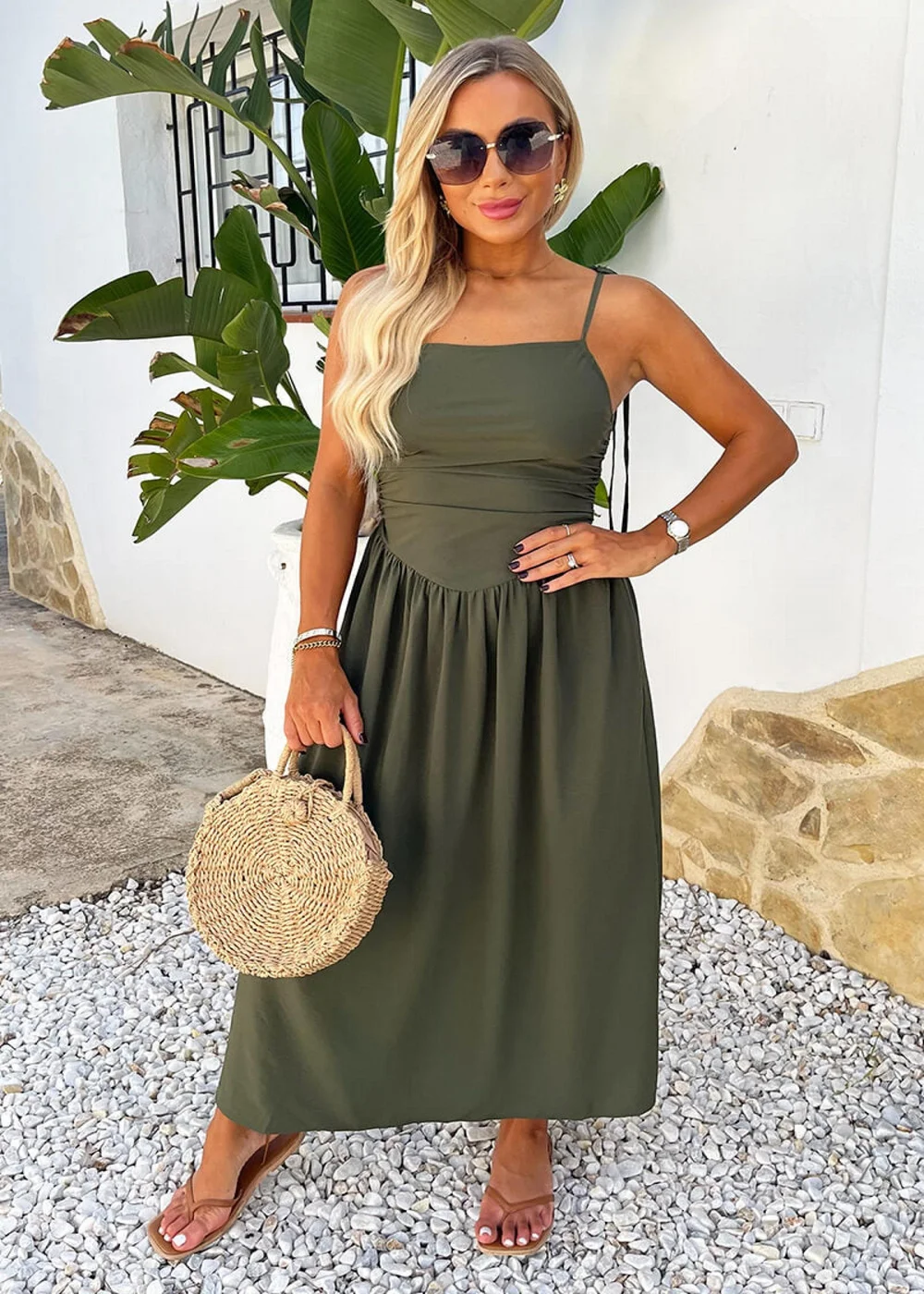 AX Paris Khaki Drawstring Tie Straps Ruched Top Midi Dress - 14 Image 1