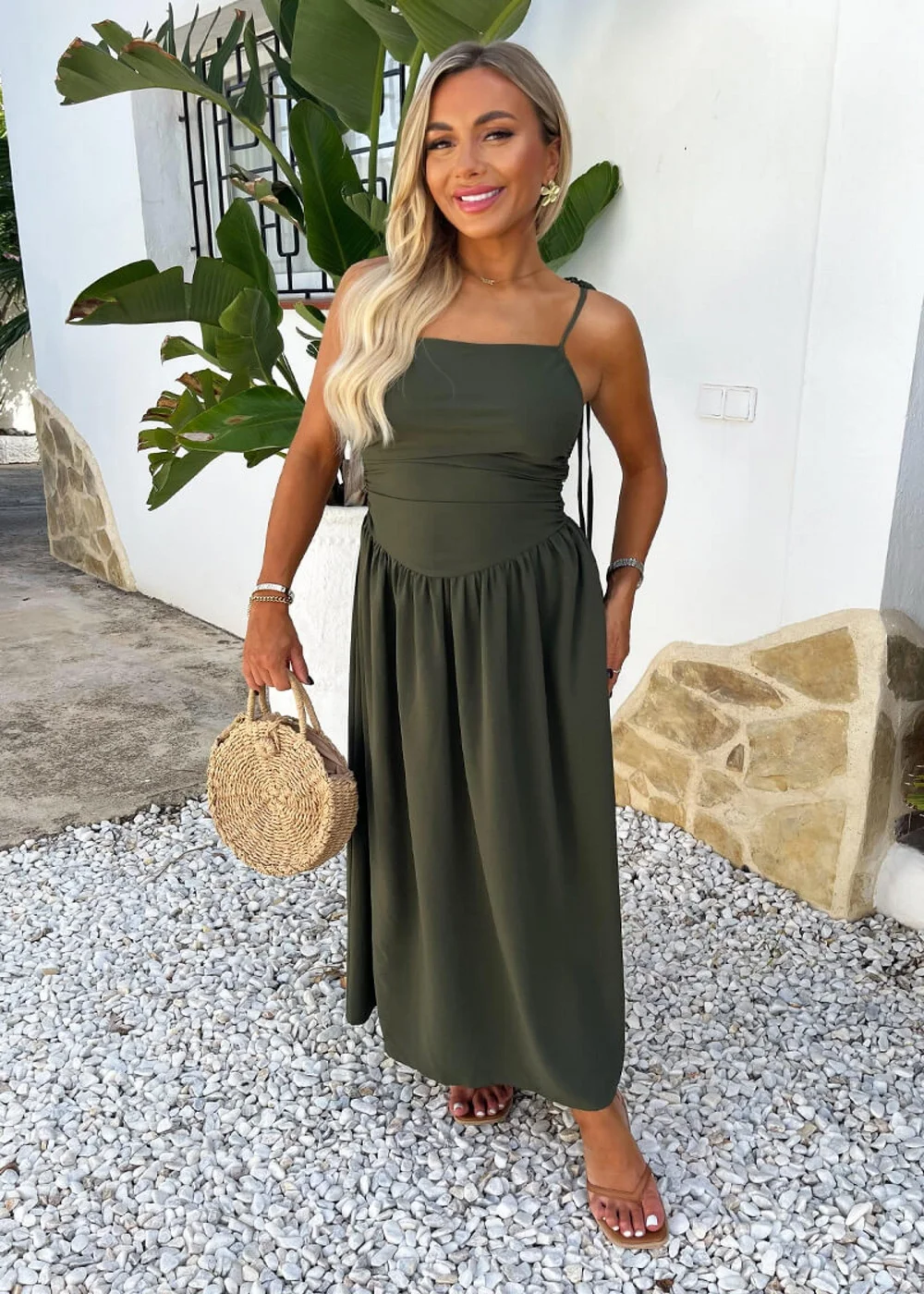 AX Paris Khaki Drawstring Tie Straps Ruched Top Midi Dress - 14 Image 3