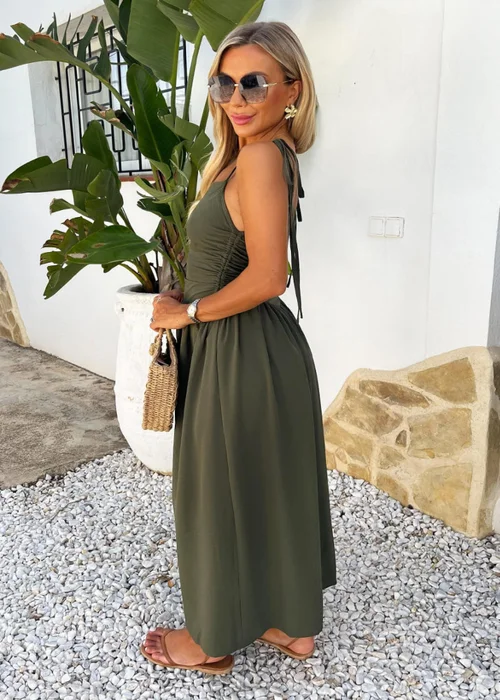AX Paris Khaki Drawstring Tie Straps Ruched Top Midi Dress - 14 Image 4