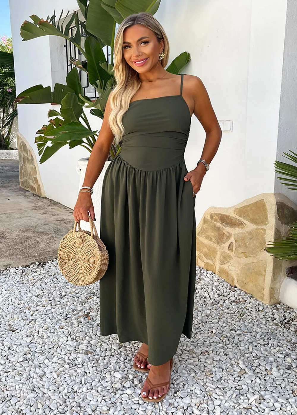 AX Paris Khaki Drawstring Tie Straps Ruched Top Midi Dress - 14 Image 2