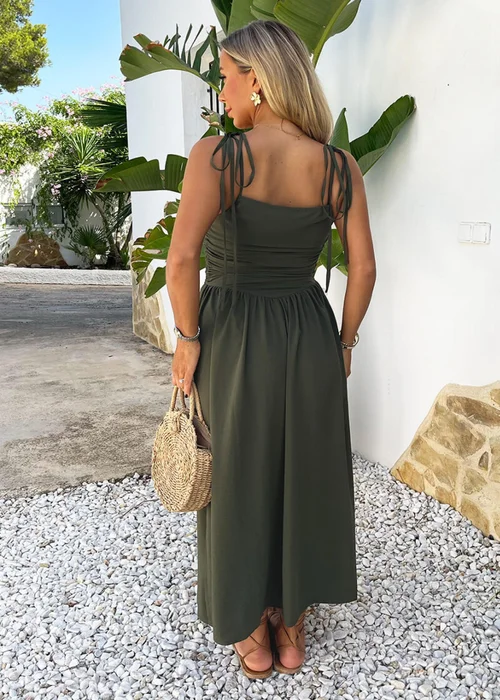 AX Paris Khaki Drawstring Tie Straps Ruched Top Midi Dress - 14 Image 5