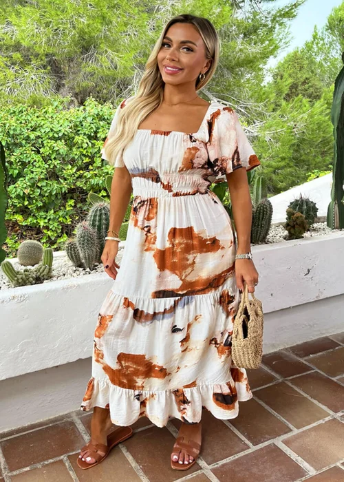 AX Paris Brown Smudge Print Shirred Waist Smock Midi Dress - 12 Image 3