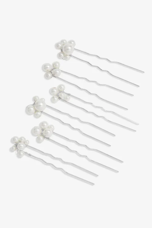 Jon Richard Silver Plated Graduated Pearl Hair Slides Pack Of 6 - One Size Image 1