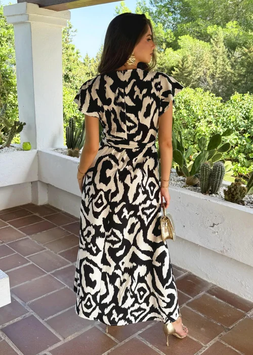 AX Paris Multi Black & White Abstract Print Short Sleeve Belted Wrap Midi Dress - 8 Image 5