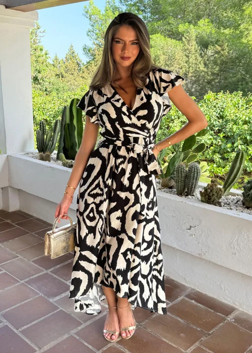 AX Paris Multi Black & White Abstract Print Short Sleeve Belted Wrap Midi Dress - 8 Image 1