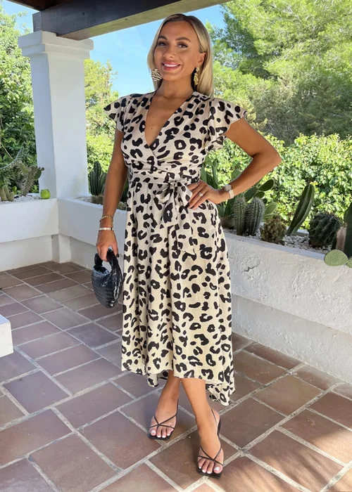 AX Paris Multi Black & Cream Leopard Print Short Sleeve Belted Wrap Midi Dress - 8 Image 2