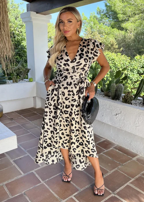 AX Paris Multi Black & Cream Leopard Print Short Sleeve Belted Wrap Midi Dress - 8 Image 1