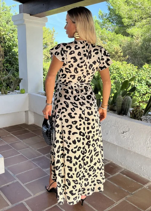 AX Paris Multi Black & Cream Leopard Print Short Sleeve Belted Wrap Midi Dress - 8 Image 5