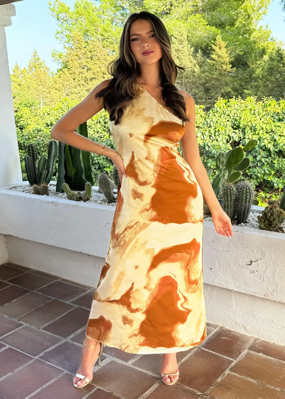 AX Paris Brown Marble Print One Shoulder Open Back Twist Detail Midi Dress - 8 Image 3
