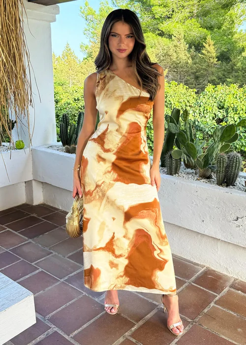 AX Paris Brown Marble Print One Shoulder Open Back Twist Detail Midi Dress - 8 Image 1