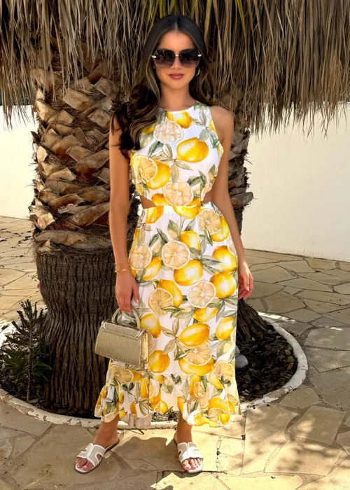 AX Paris Yellow Lemon Print Waist Cut Out Frill Hem Midi Dress - 16 Image 1