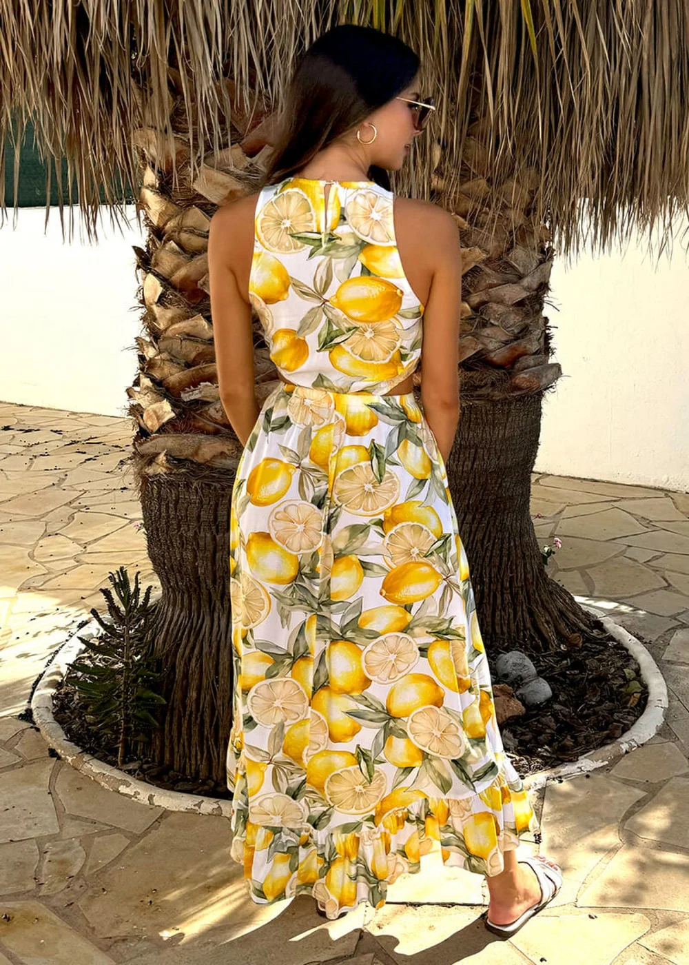 AX Paris Yellow Lemon Print Waist Cut Out Frill Hem Midi Dress - 16 Image 5