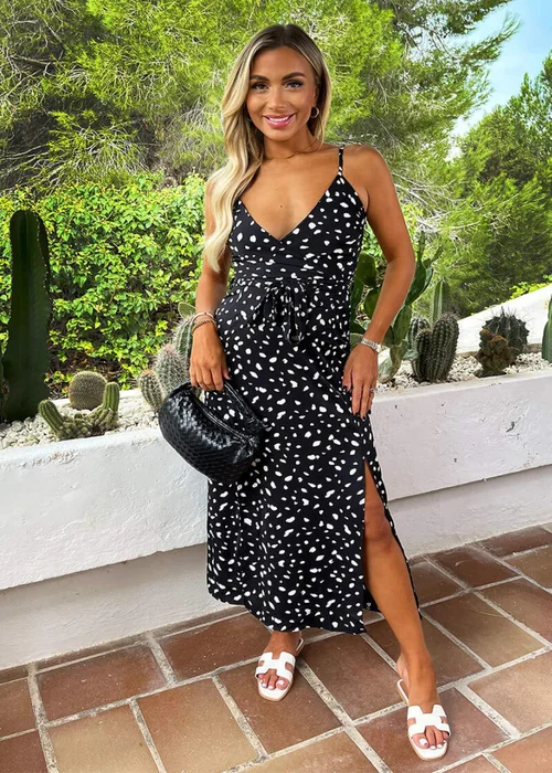 AX Paris Black & White Spot Printed Strappy Wrap Top Tie Waist Midi Dress - 8 Image 2