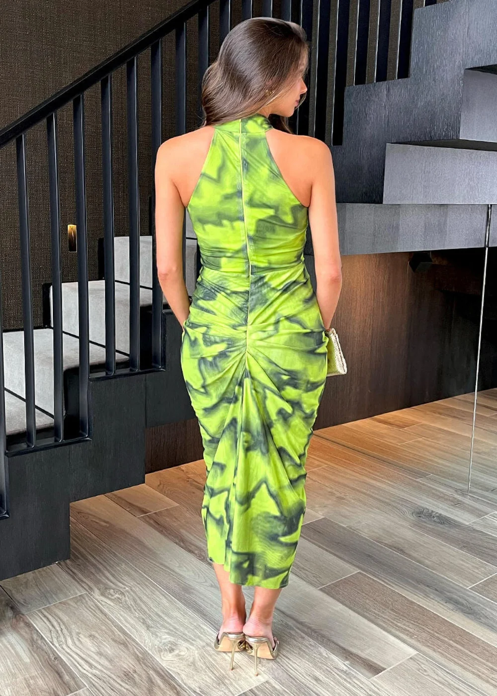 AX Paris Lime Tie Dye Print Halter Neck Knot Skirt Mesh Midi Dress - 8 Image 5