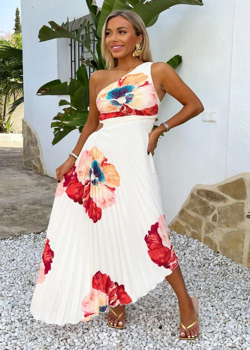 AX Paris Cream Bold Floral Print One Shoulder Cut Out Pleated Midi Dress - 10 Image 3