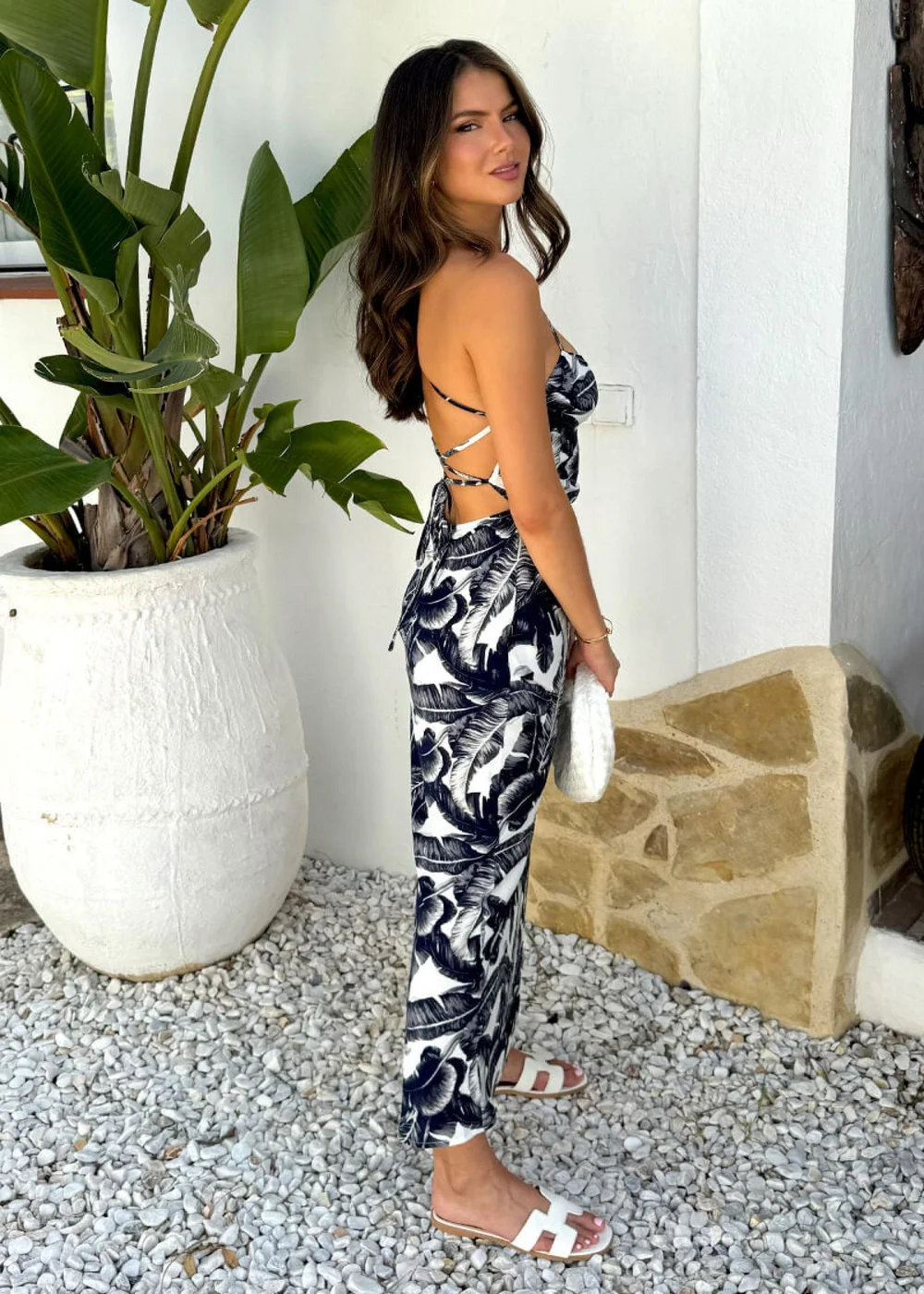 AX Paris Navy Leaf Print Strappy Tie Back Slip Midi Dress - Size 8 Image 4