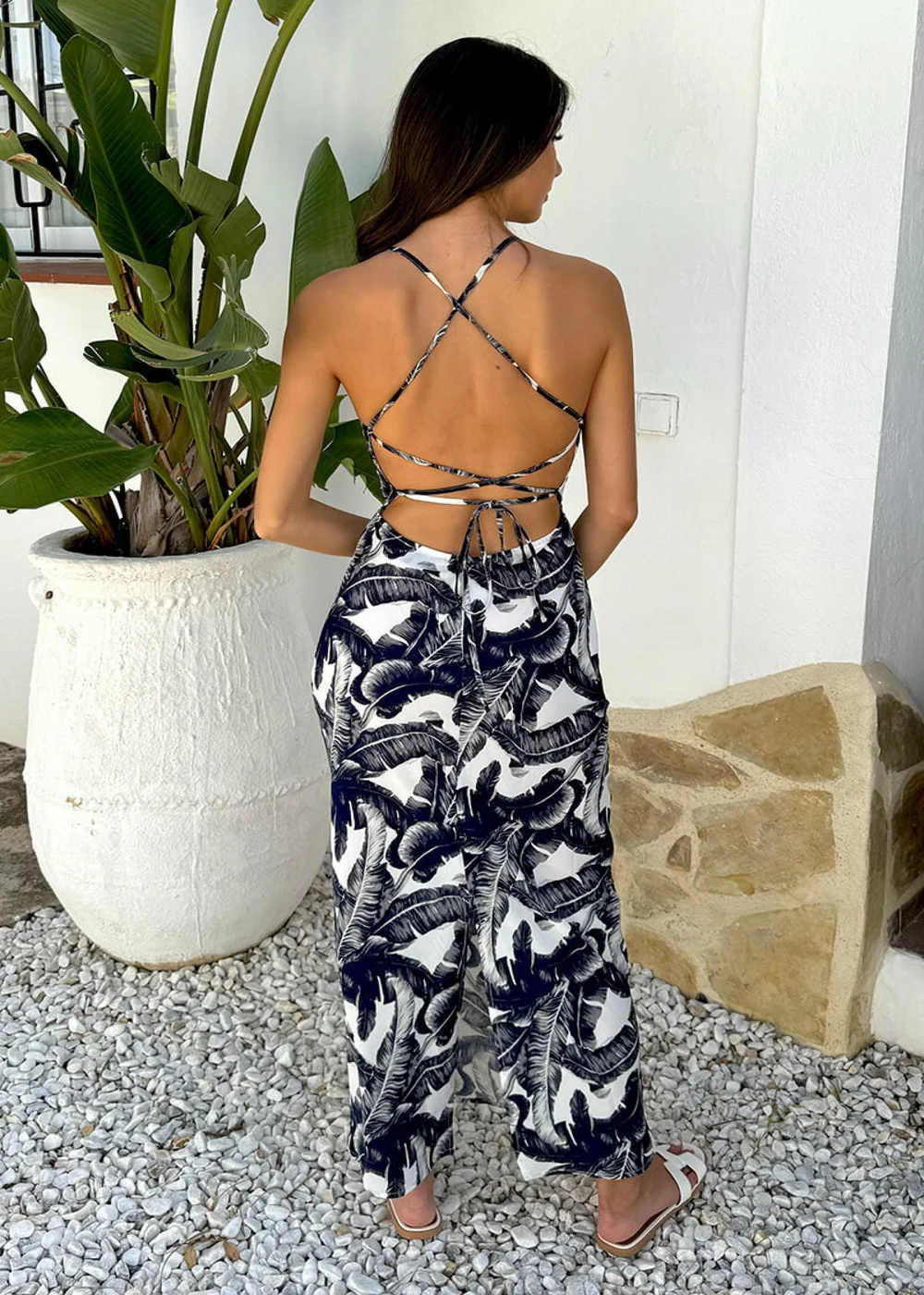 AX Paris Navy Leaf Print Strappy Tie Back Slip Midi Dress - Size 8 Image 5