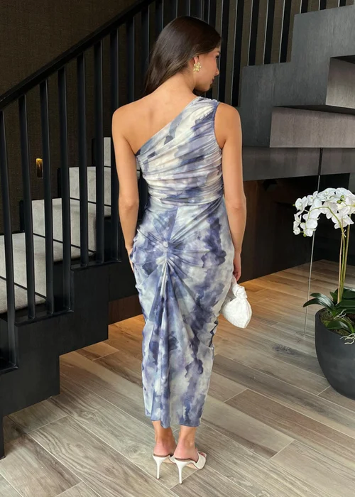 AX Paris Blue Watercolour Print One Shoulder Knot Skirt Mesh Midi Dress - 8 Image 5