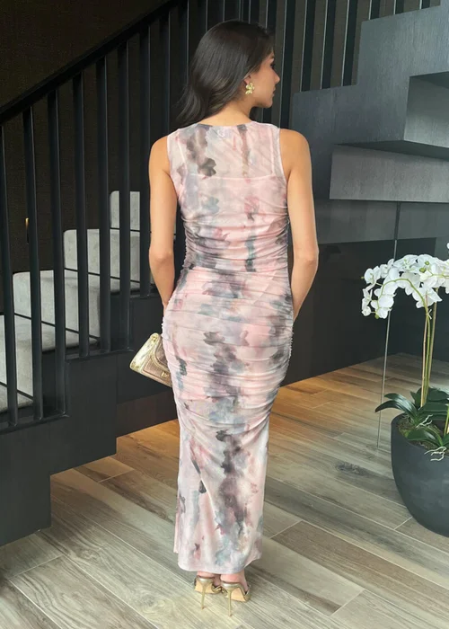 AX Paris Blush Marble Print Mesh Overlay Bodycon Midi Dress - 8 Image 5