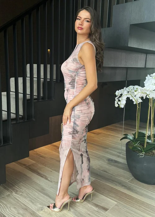 AX Paris Blush Marble Print Mesh Overlay Bodycon Midi Dress - 8 Image 4