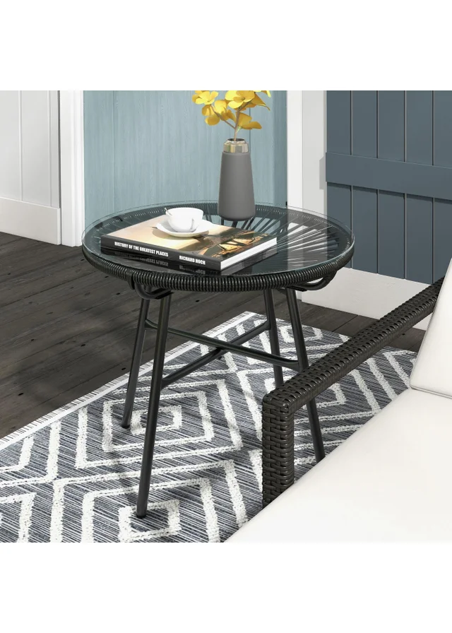 Outsunny Rattan Side Table with Tempered Glass Tabletop