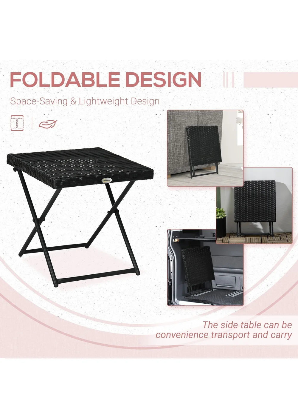 Outsunny Folding Square Rattan Coffee Table with Steel Frame Bistro Garden - One Size Image 4