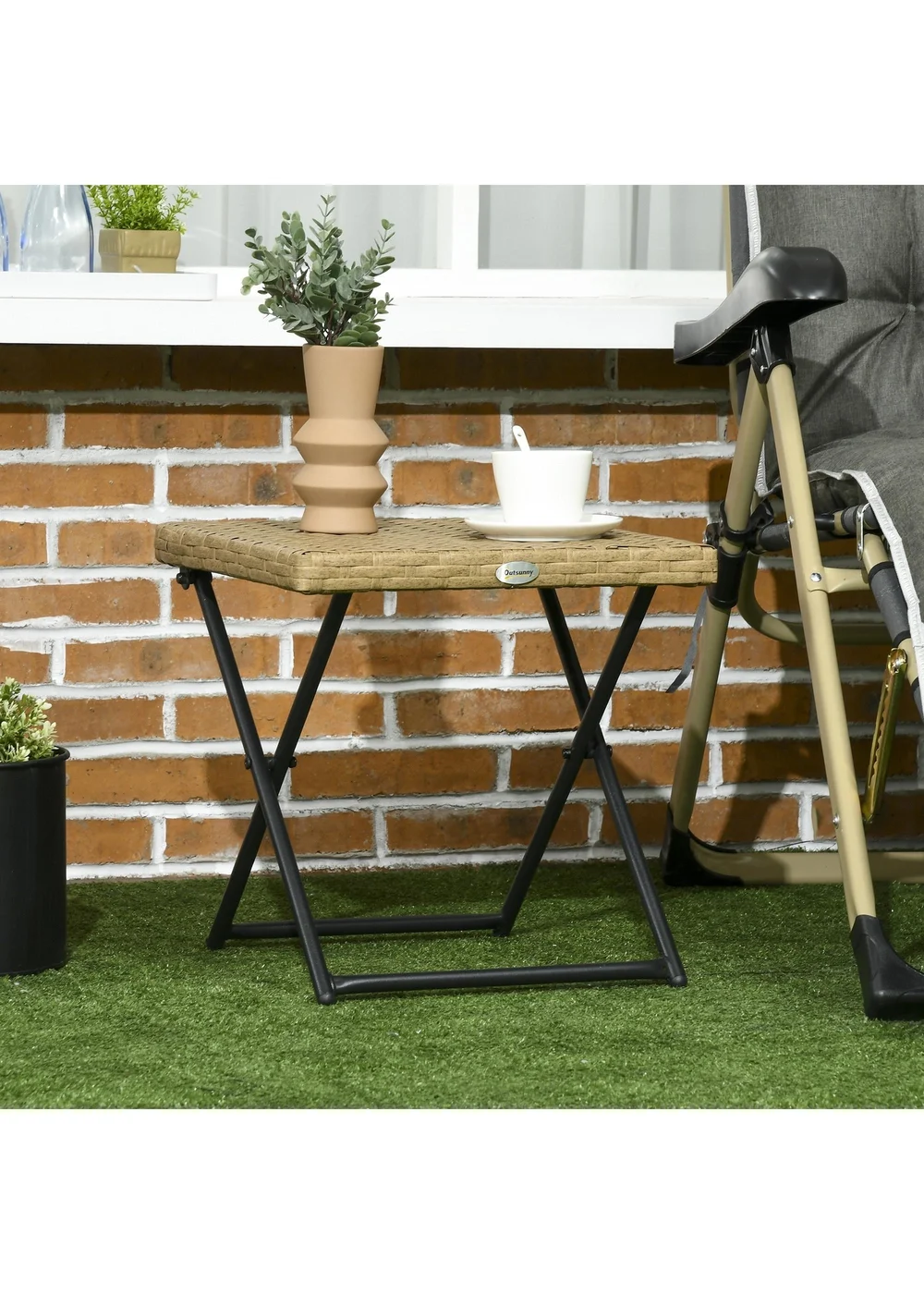 Outsunny Folding Square Rattan Coffee Table with Steel Frame Bistro Garden - One Size Image 1