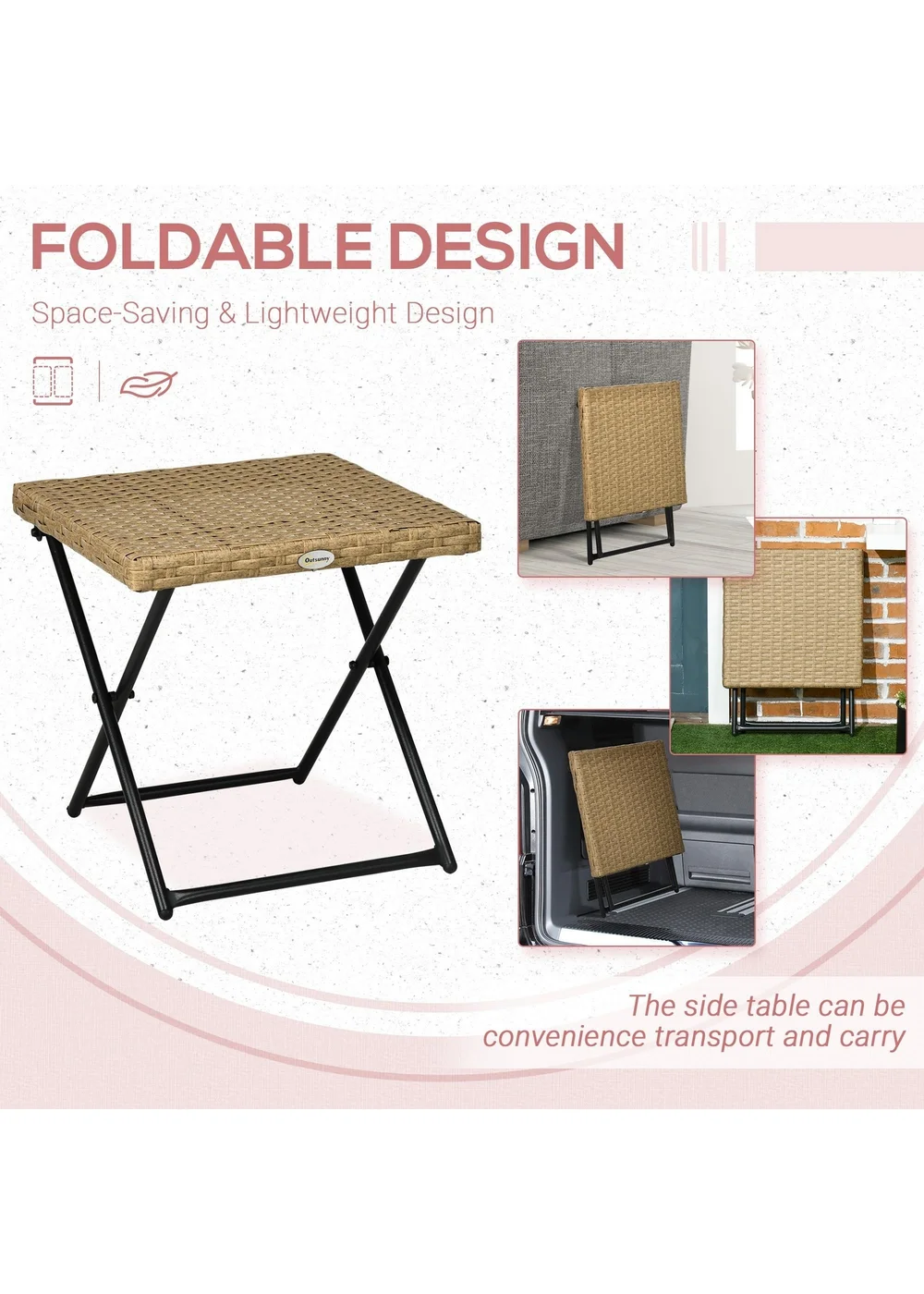 Outsunny Folding Square Rattan Coffee Table with Steel Frame Bistro Garden - One Size Image 4