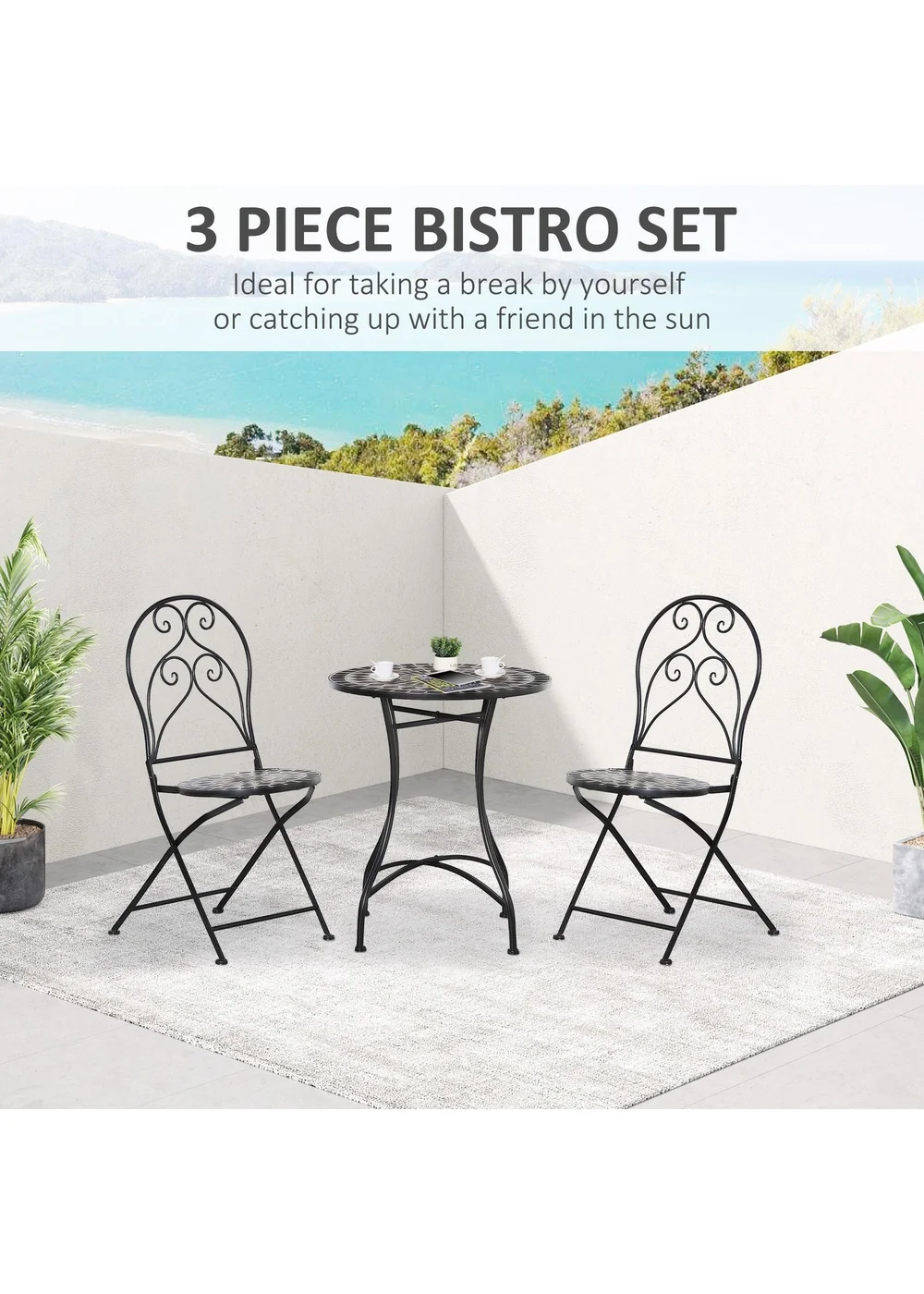 Outsunny 3 PCs Garden Bistro Set with Balcony Table and Chairs Metal Frame - One Size Image 4
