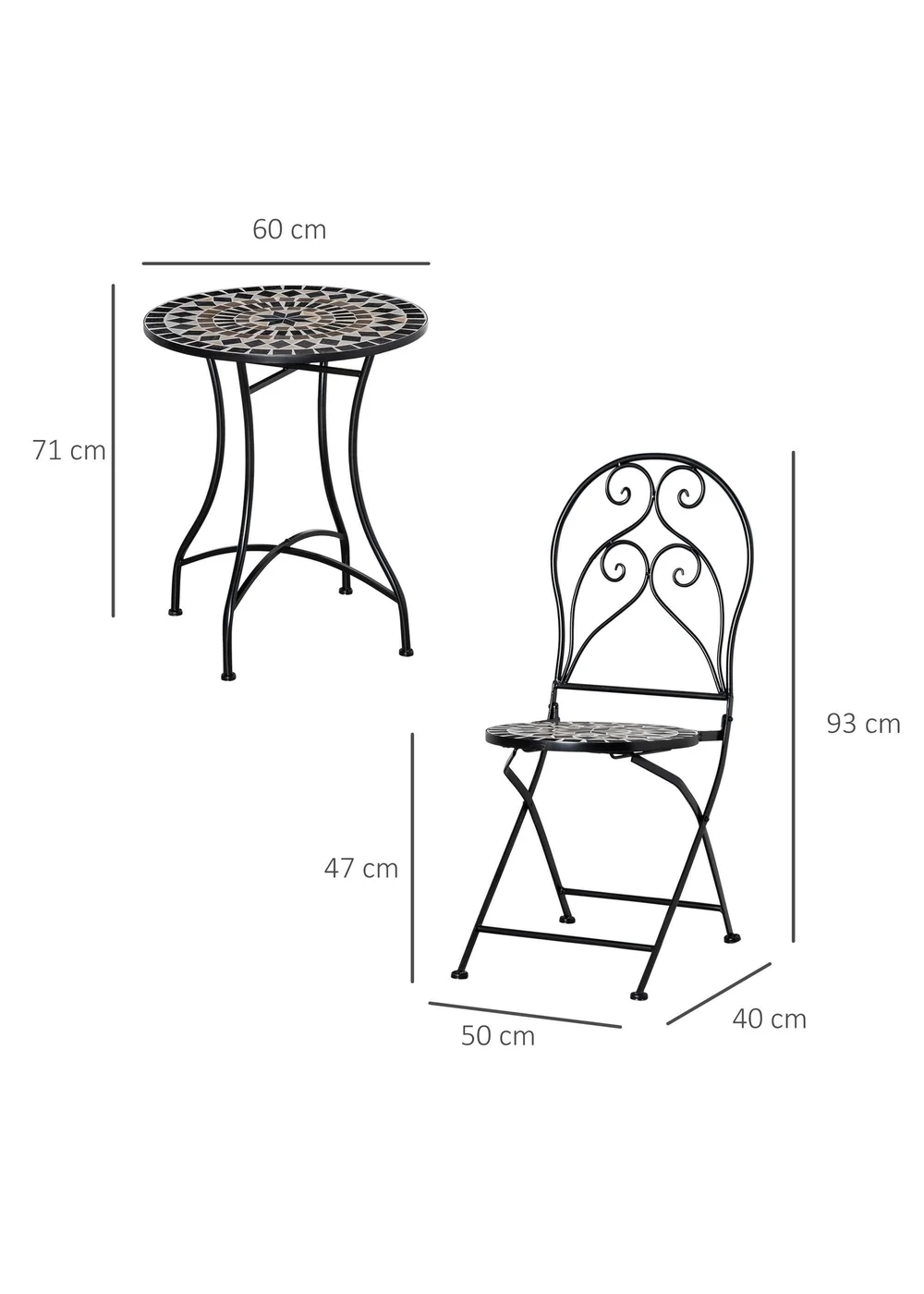 Outsunny 3 PCs Garden Bistro Set with Balcony Table and Chairs Metal Frame - One Size Image 3